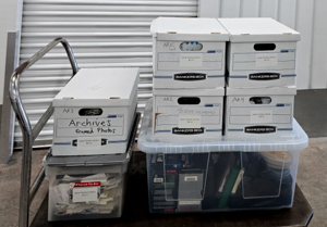 JET's papers in archive boxes, a bin for all his films
