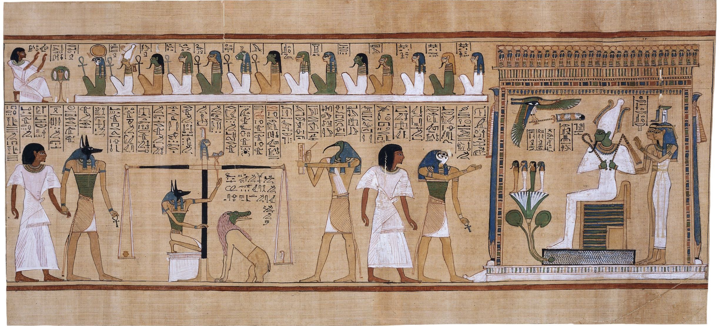 The judgement scene from the Book of the Dead of Hunefer, about 1275 BCE. Anubis and the ibis-headed Thoth belong to the Egyptian imagery that JET repeatedly invokes.