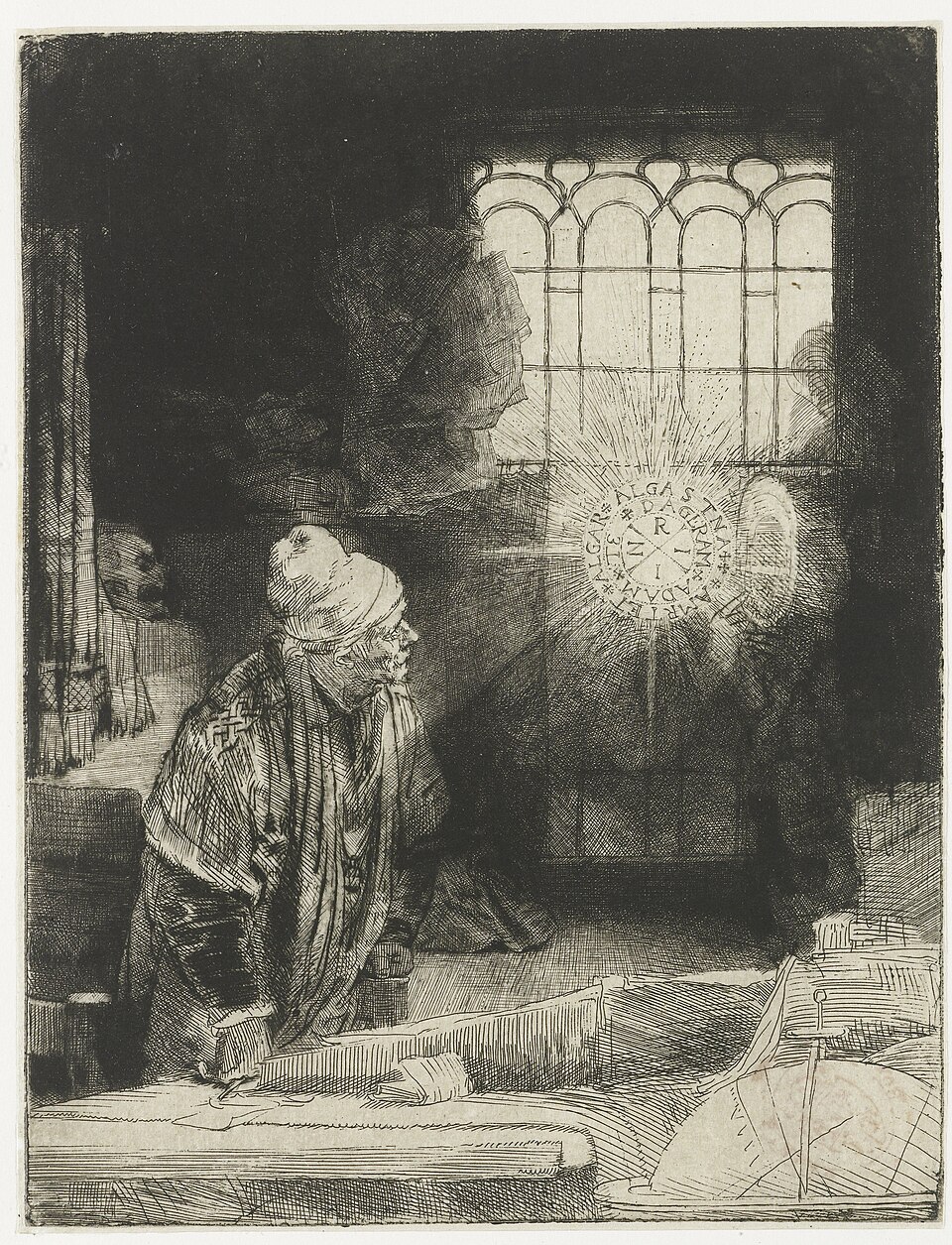 Rembrandt�s etching traditionally known as Faust (also A Scholar in his Study), about 1652. An editorial illustration of JET�s recurring Faust imagery.